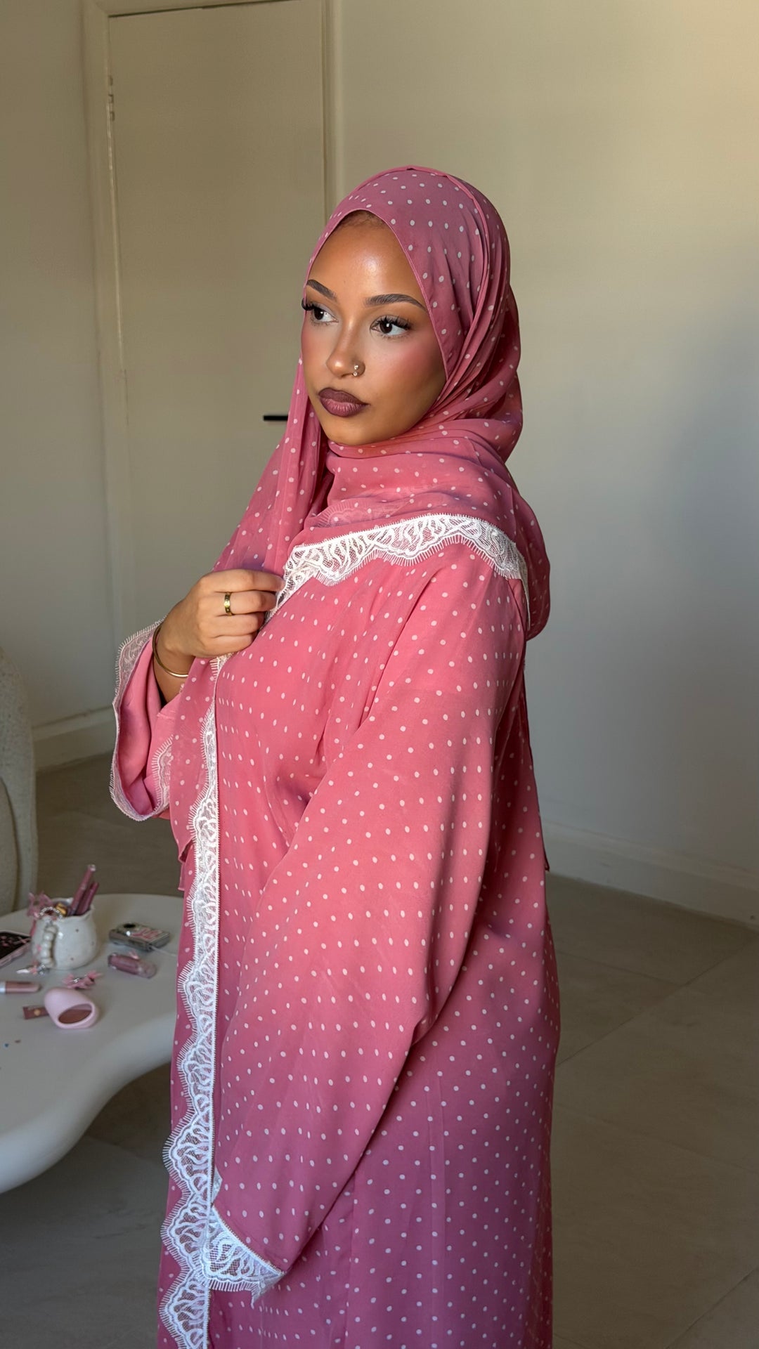 Polka dot lace abaya
